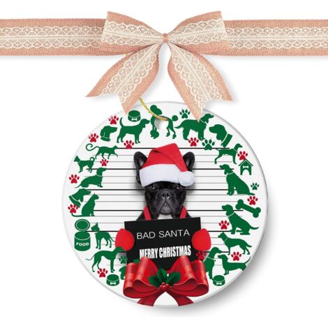 Decorazione per albero di Natale in ceramica, corona con cane di Babbo Natale cattivo, 7,5 cm