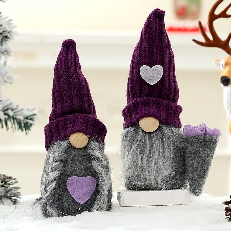 Image of Decorazioni di gnomi Decorazioni di peluche fatte a mano viola Vacanze invernali Ornamenti di San Valentino Regalo, cuore viola, cappello lavorato a