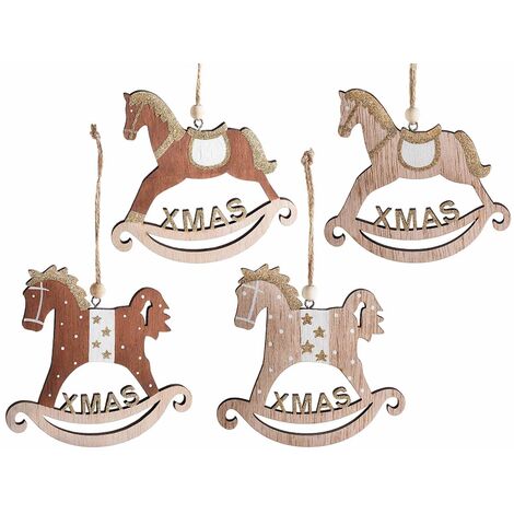 Decorazioni Natalizie da Appendere a Forma di Cavalluccio con Scritta Xmas Dorata Confezione da 12 Pezzi Altezza 11 Cm