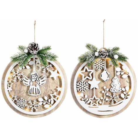 Decorazioni Natalizie da Appendere in Legno con Luci Led Set 2 Quadretti Natalizi Addobbo Luminoso  per Casa, vetrine e Negozi -Diametro 28 Cm