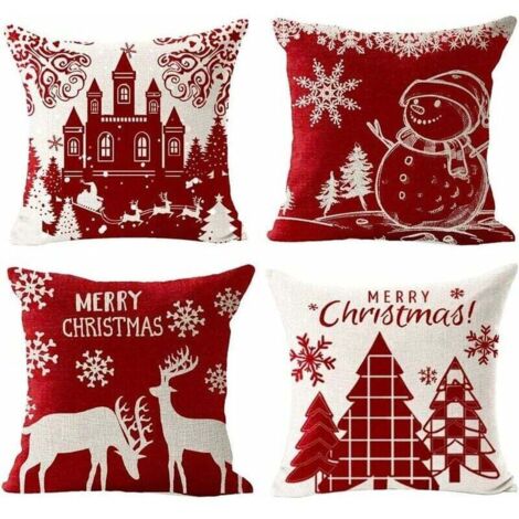 Decorazioni natalizie, federe, set da 4 in cotone e lino, motivo natalizio invernale, castello di renne