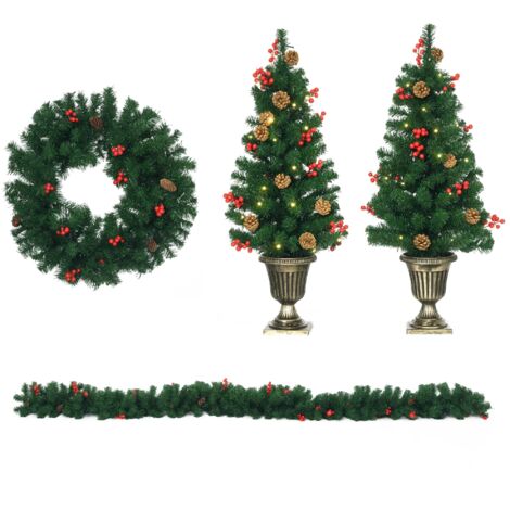 Decorazioni Natalizie, Set 4 Pezzi con 2 Alberelli di Natale Φ40x90 cm, Ghirlanda Natalizia e Corona di Natale