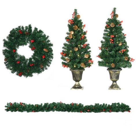 DECORAZIONI NATALIZIE. SET 4 PEZZI CON 2 ALBERELLI DI NATALE Ø40X90 CM. GHIRLANDA NATALIZIA E CORONA DI NATALE