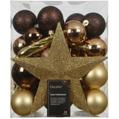 Decoris Weihnachtskugeln mit Christbaumspitze aus Kunststoff bruchsicher Ø 5, 6, 8 cm gold-braun 33 Stück