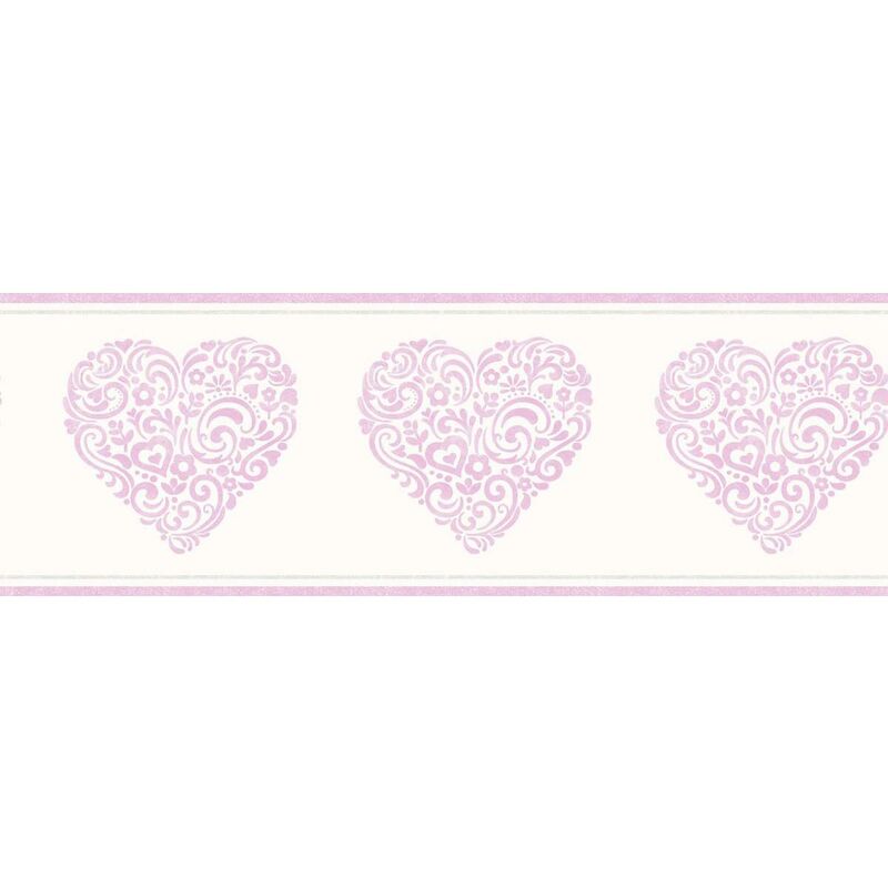 Fine Decor - Girls Cream Metallic Pink Floral Love Heart Modern Wallpaper Border