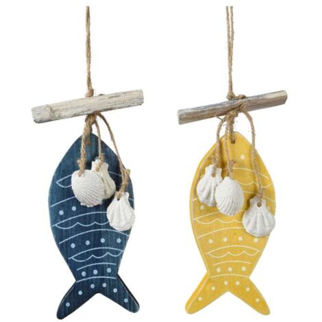 Decoro in legno pesce e conchiglie