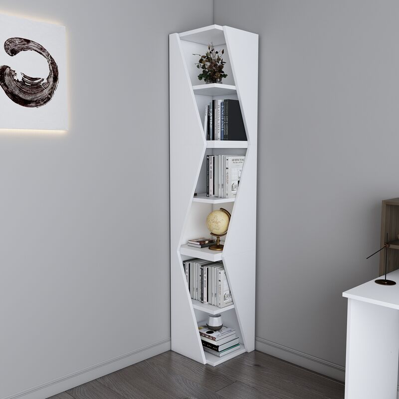 Arrow 6-Tier Corner Bookcase Bookshelf - White - Decorotika