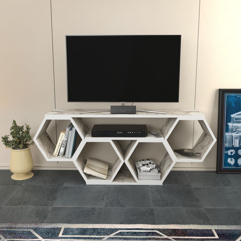 Honey 120 Cm Wide Hexagonal tv Unit for TVs Up To 51' - White Marble Effect - Decorotika