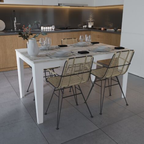 Decorotika Bud 140 cm Dining Table for 4 People Blanc Marble Effect Blanc