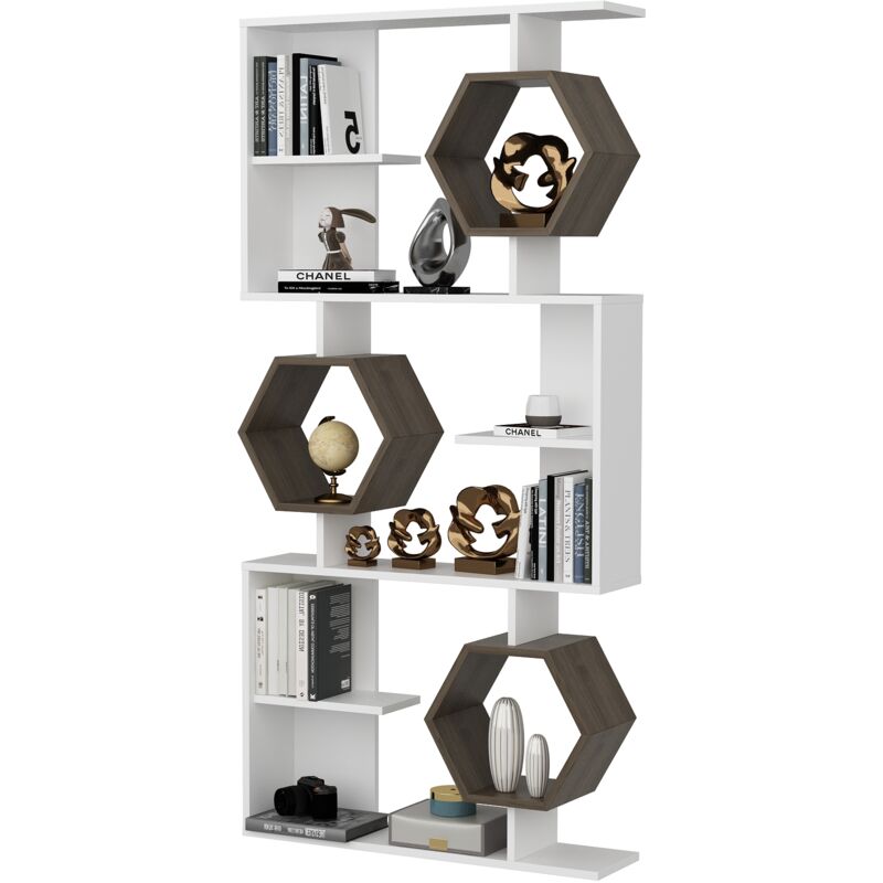 Darla 6-Tier Geometric Bookcase Bookshelf - White and Walnut - Decorotika