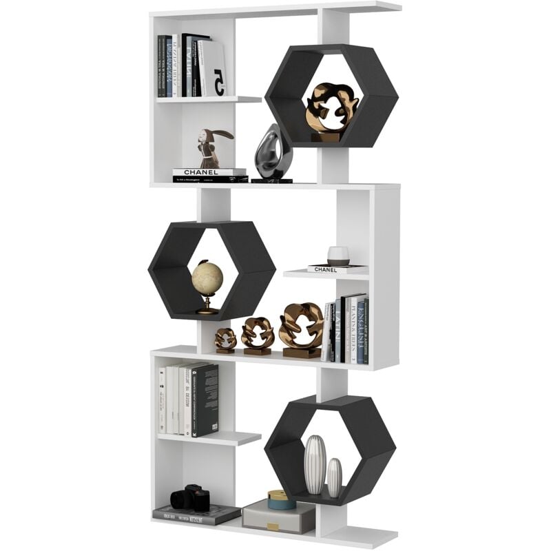 Darla 6-Tier Geometric Bookcase Bookshelf - White and Anthracite - Decorotika