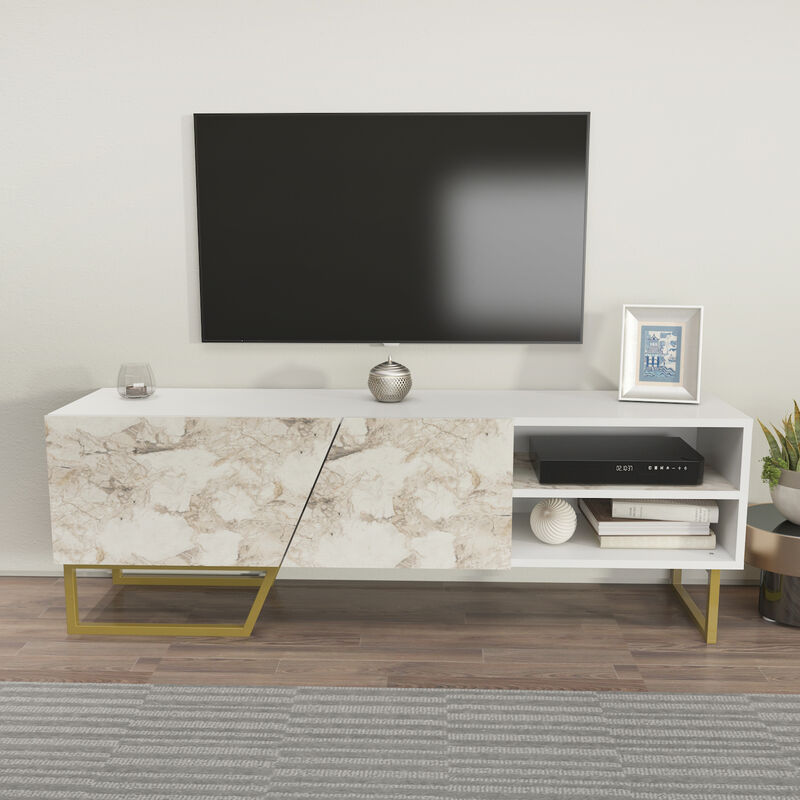 Denasse tv Unit for TVs up to 60 inches - White and White Marble Effect and Gold - Decorotika