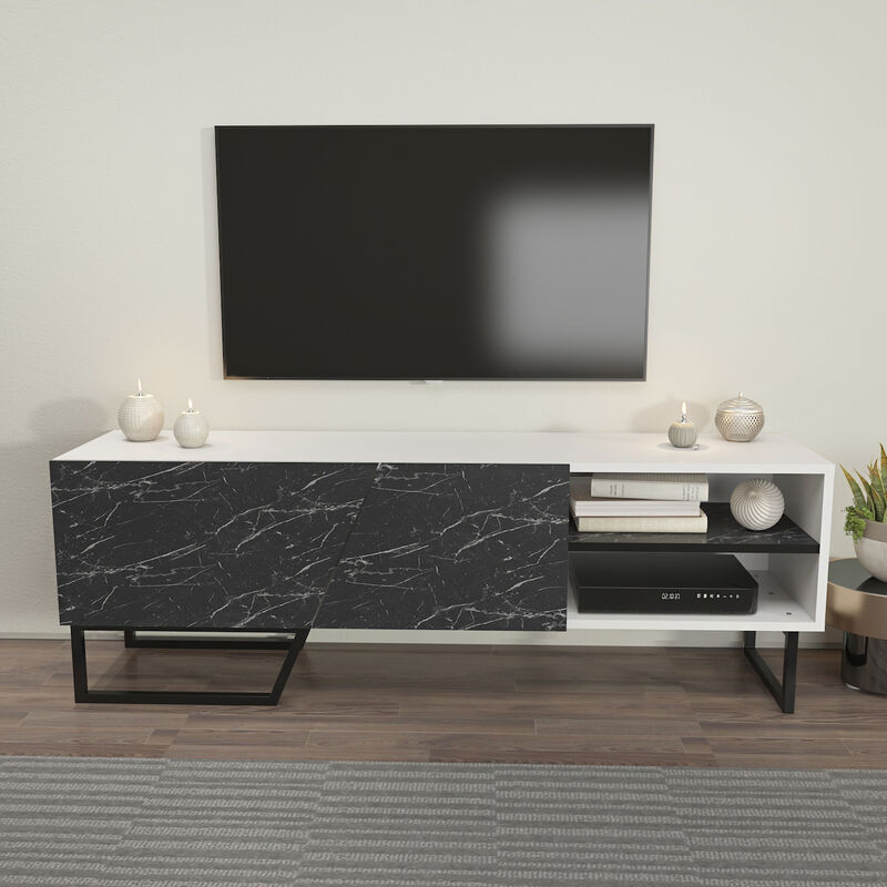 Denasse tv Unit for TVs up to 60 inches - White and Black Marble Effect and Black - Decorotika