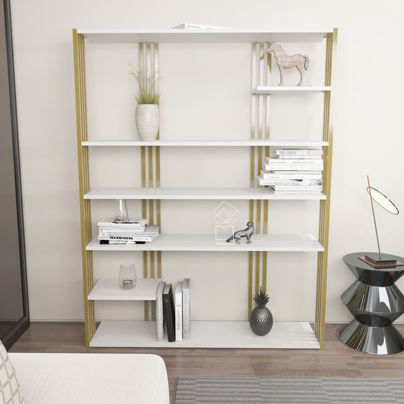 Decorotika Jeni 7-tier Bookcase Bookshelf Shelving Unit - White and Gold