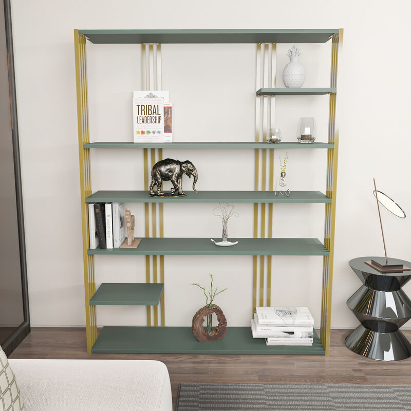 Jeni 7-tier Bookcase Bookshelf Shelving Unit - Green and Gold - Decorotika