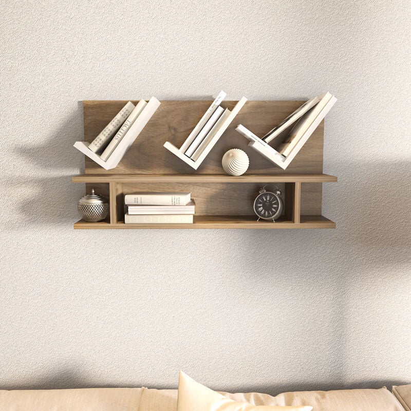 Larissa Unique Design Wall Mounted Shelf Bookcase - Walnut and White - Decorotika