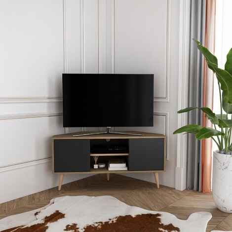 Decorotika - Lesson Corner TV Stand 2 Shelves and Two Cabinets - Walnut  and Black