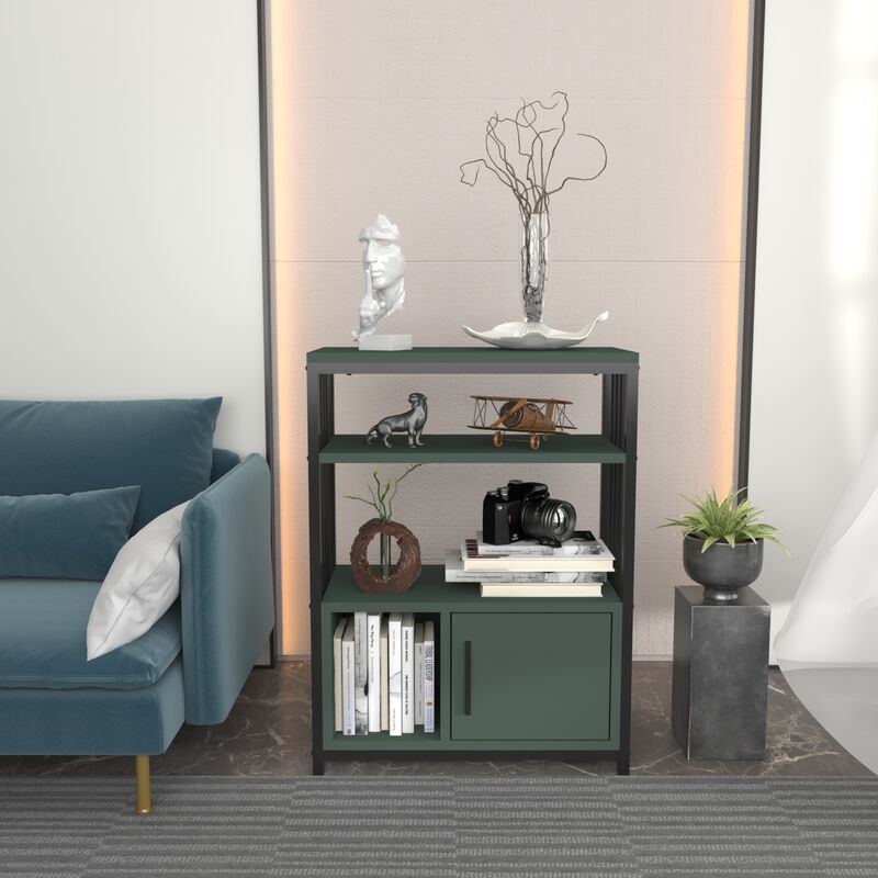 Letos Bookcase Bookshelf Shelving Unit With Three Shelves And One Cabinet - Green and Black - Decorotika