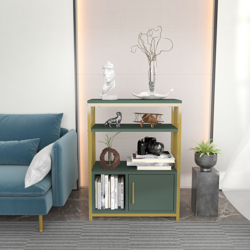 Letos Bookcase Bookshelf Shelving Unit With Three Shelves And One Cabinet - Green and Gold - Decorotika