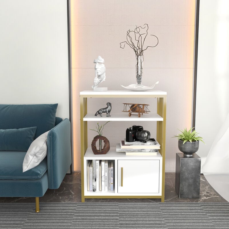 Letos Bookcase Bookshelf Shelving Unit With Three Shelves And One Cabinet - White and Gold - Decorotika