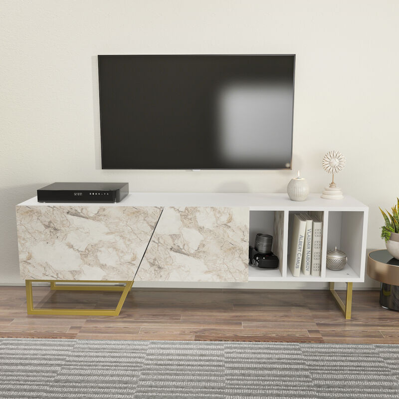 Linossa tv Stand for TVs up to 60 inches - White and White Marble Effect and Gold - Decorotika