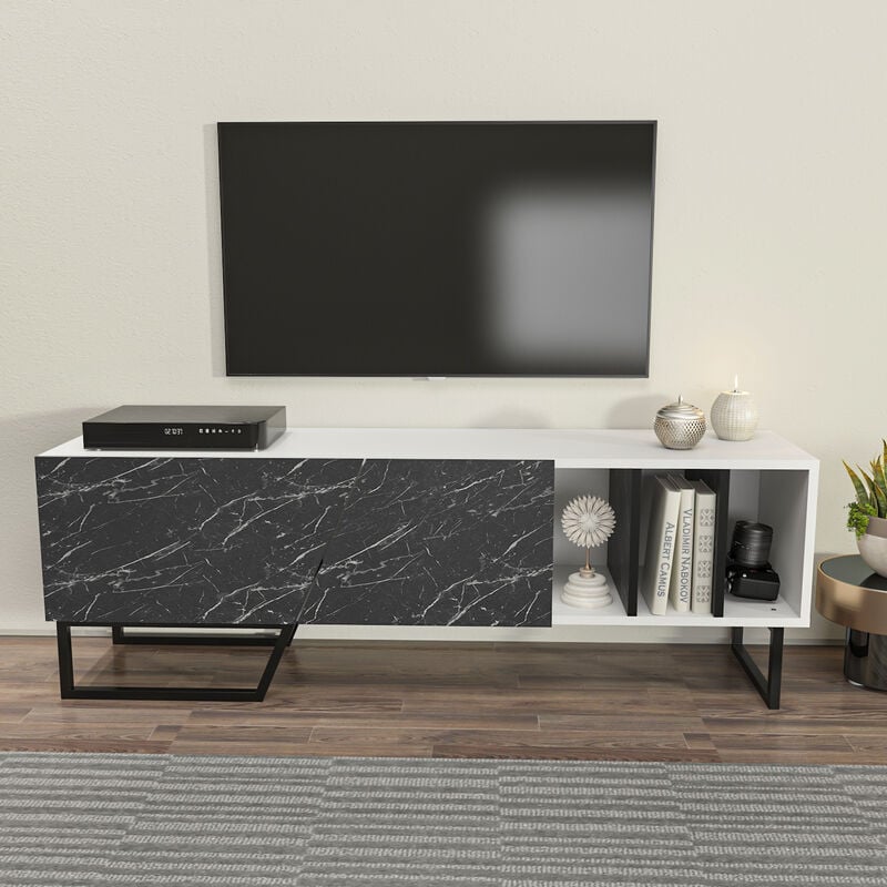 Linossa tv Stand for TVs up to 60 inches - White Black Marble Effect and Black - Decorotika