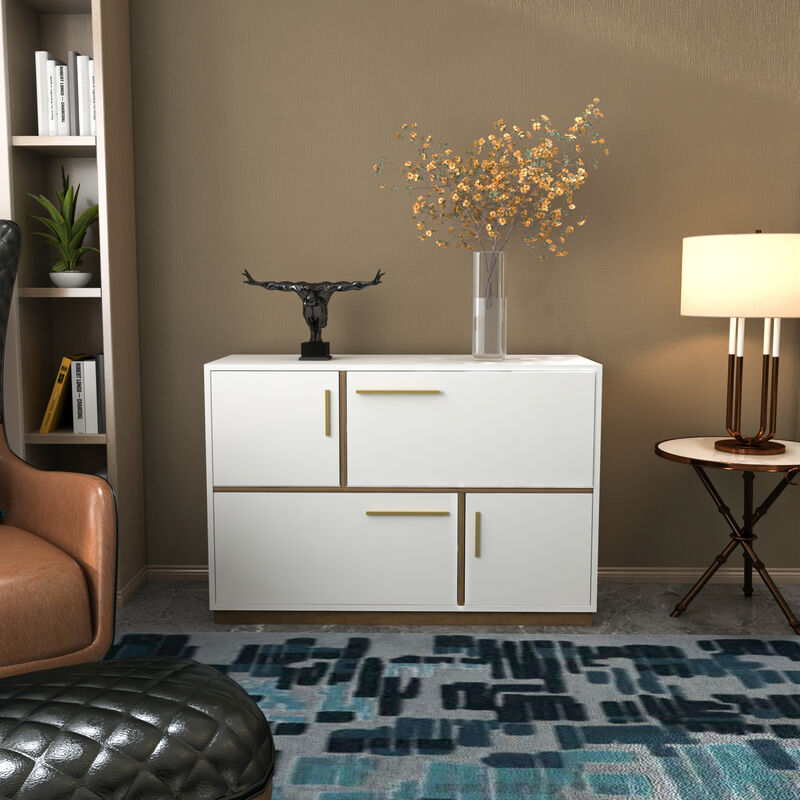 Mares Sideboard Floor Standing 4 Cabinets Storage For Living Room And Bedroom - White and Walnut - Decorotika