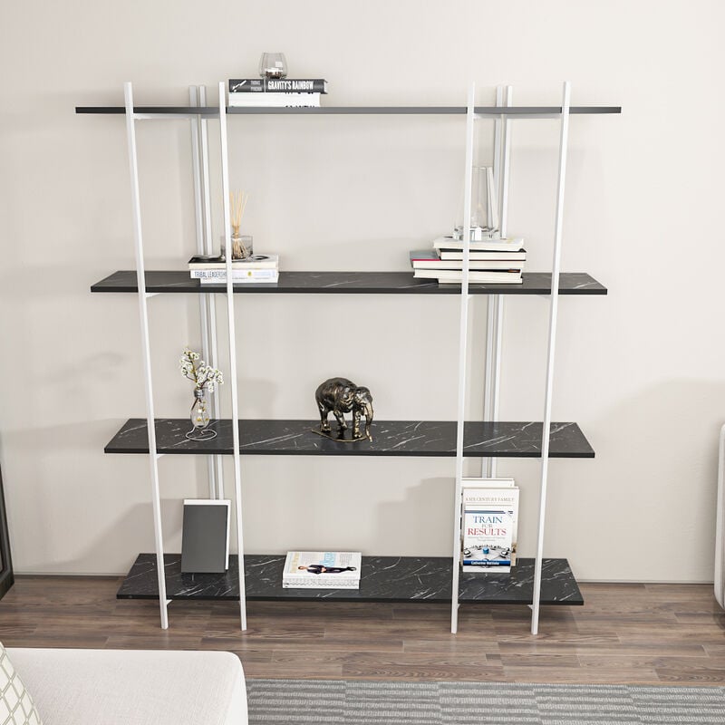 Moss 4-Tier Bookcase Bookshelf Shelving Unit Display Unit - Black Marble Effect and White - Decorotika