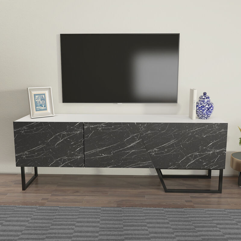 Parla tv Stand 3 Cabinets for TVs up to 60 inches - White Black Marble Effect and Black - Decorotika