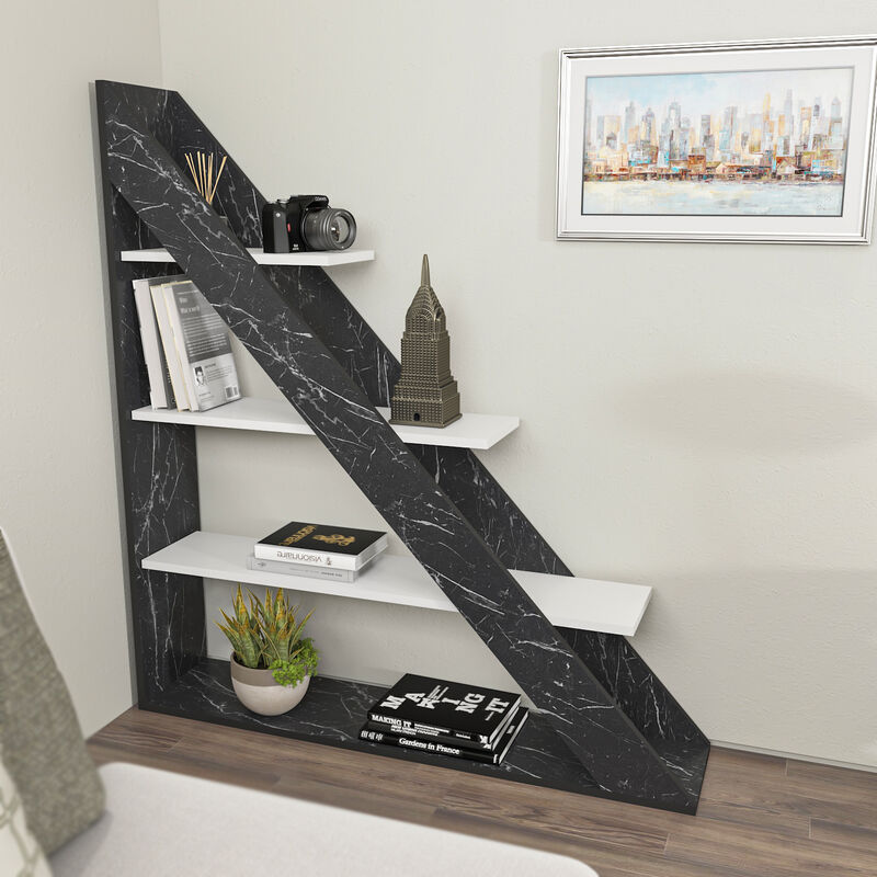 Decorotika Pisagor 4-tier Corner Bookcase Bookshelf - Black Marble Effect and White