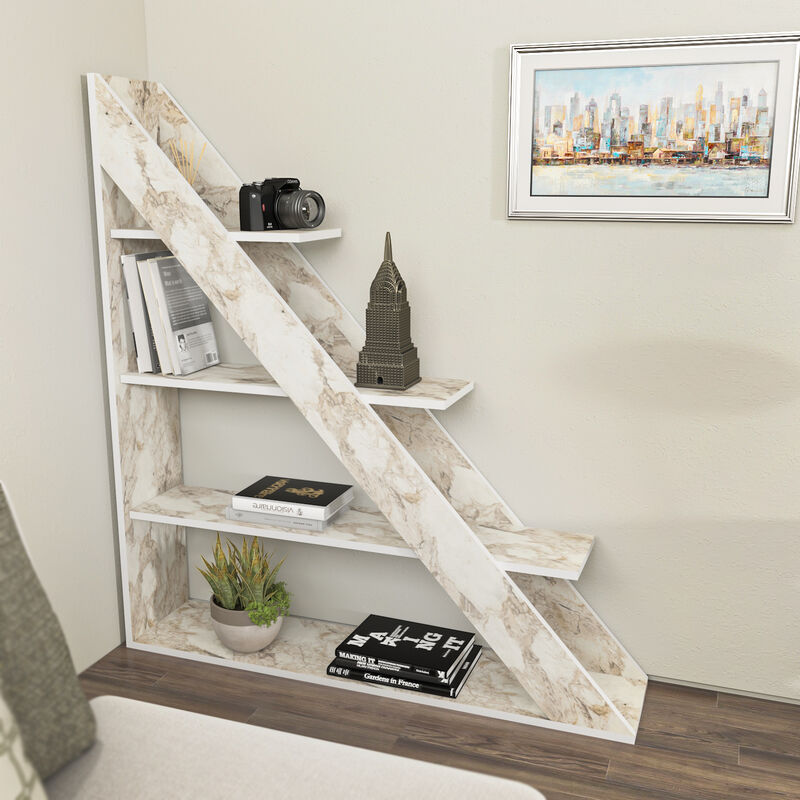 Pisagor 4-tier Corner Bookcase Bookshelf - White Marble Effect - Decorotika