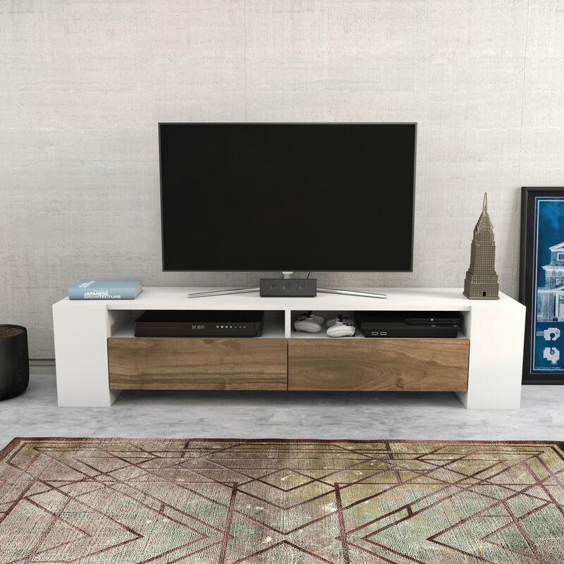 Decorotika Sosruko TV Stand TV Cabinet TV Unit with Drop Down Cabinets and Side Shelves - White And Walnut