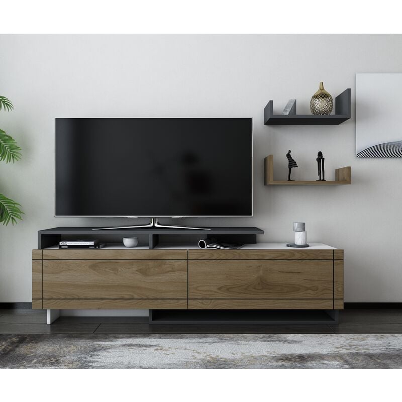 Tamy tv Stand tv Unit with Two Cabinets - White and Walnut and Anthracite - Decorotika