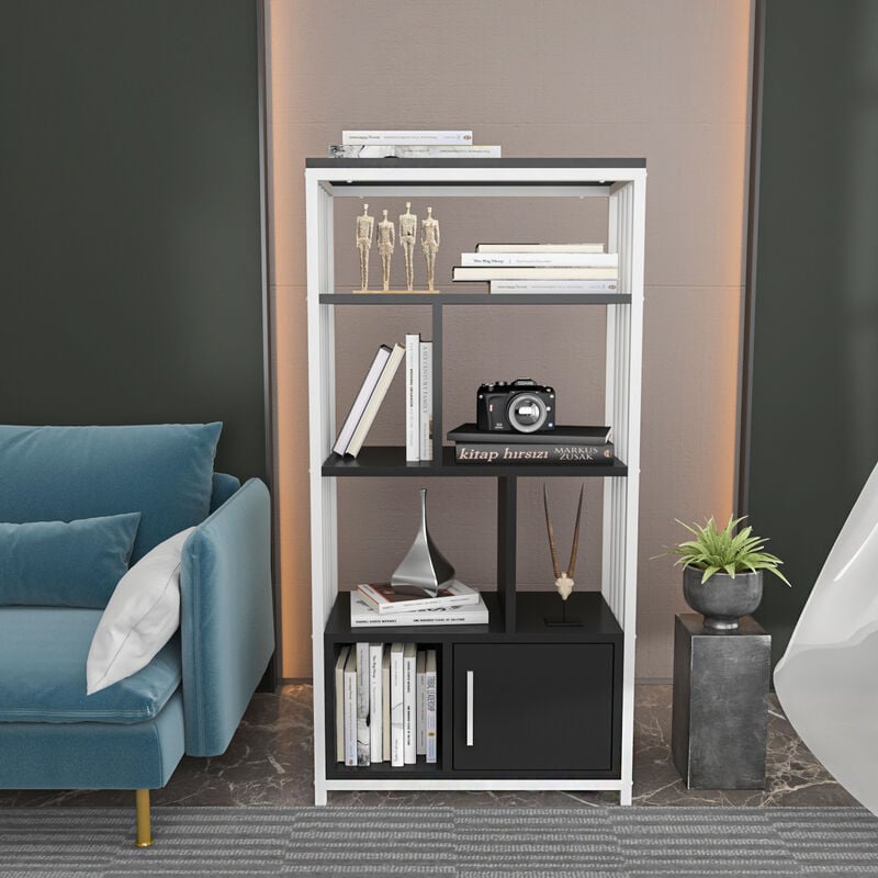 Valero Bookcase Shelving Unit With Six Shelves And One Cabinet - White and Black - Decorotika