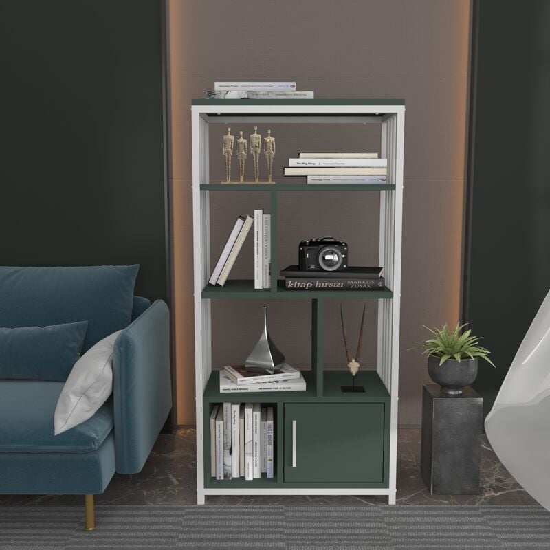 Valero Bookcase Shelving Unit With Six Shelves And One Cabinet - White and Green - Decorotika