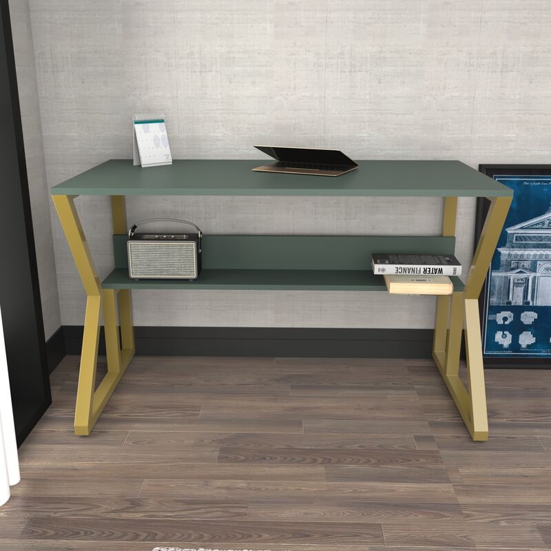 Wake Computer Desk Study Desk With a Hidden Shelf - Green and Gold - Decorotika