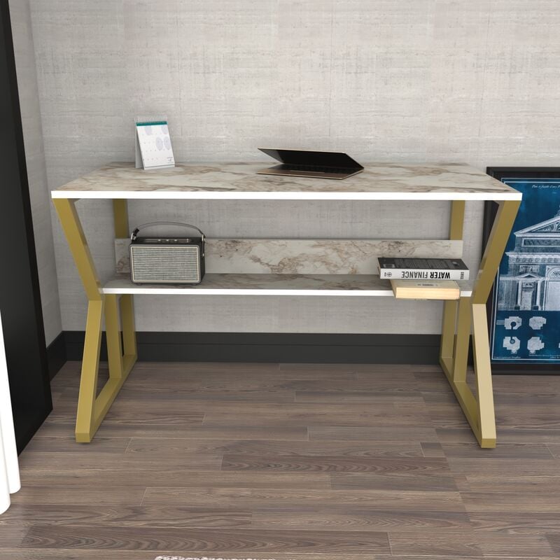 Wake Computer Desk Study Desk With a Hidden Shelf - White Marble Effect and Gold - Decorotika