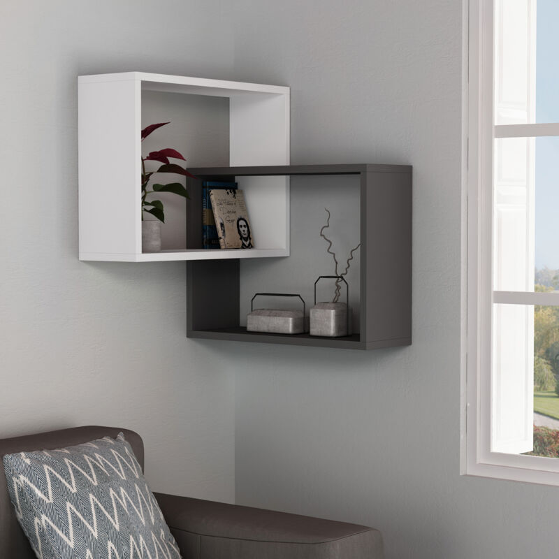 Decortie Bibliothèque d'angle murale moderne avec anneau Blanc Anthracite Gris 60cm Decortie Bibliothèque d'angle murale moderne avec anneau Blanc Anthracite Gris 60cm