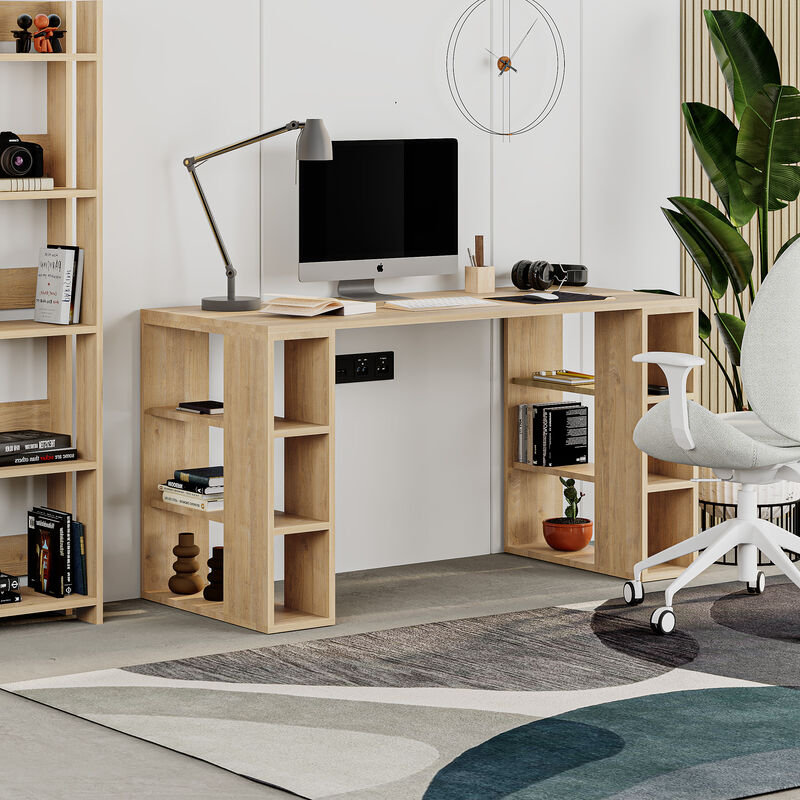Decortie Colmar Modern Desk With Bookshelf Legs Width 140cm - Oak