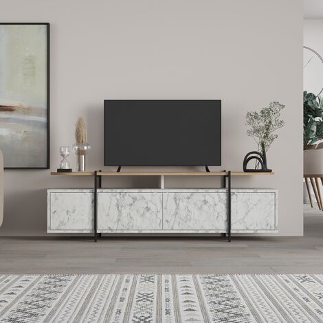 Decortie Hanley Modern TV Stand Multimedia Centre TV Unit With Storage Cabinet 160cm - White Marble Effect / Oak