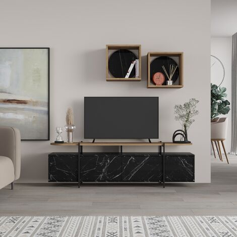 Decortie Hanley Modern Tv Unit With Wall Storage Unit 160cm - Black Marble Effect / Oak Effect
