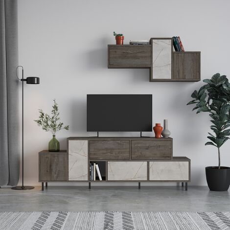 Decortie Hermes Modern Tv Unit Dark Coffee With Wall Storage Unit 171.2cm - Gold Marble Effect