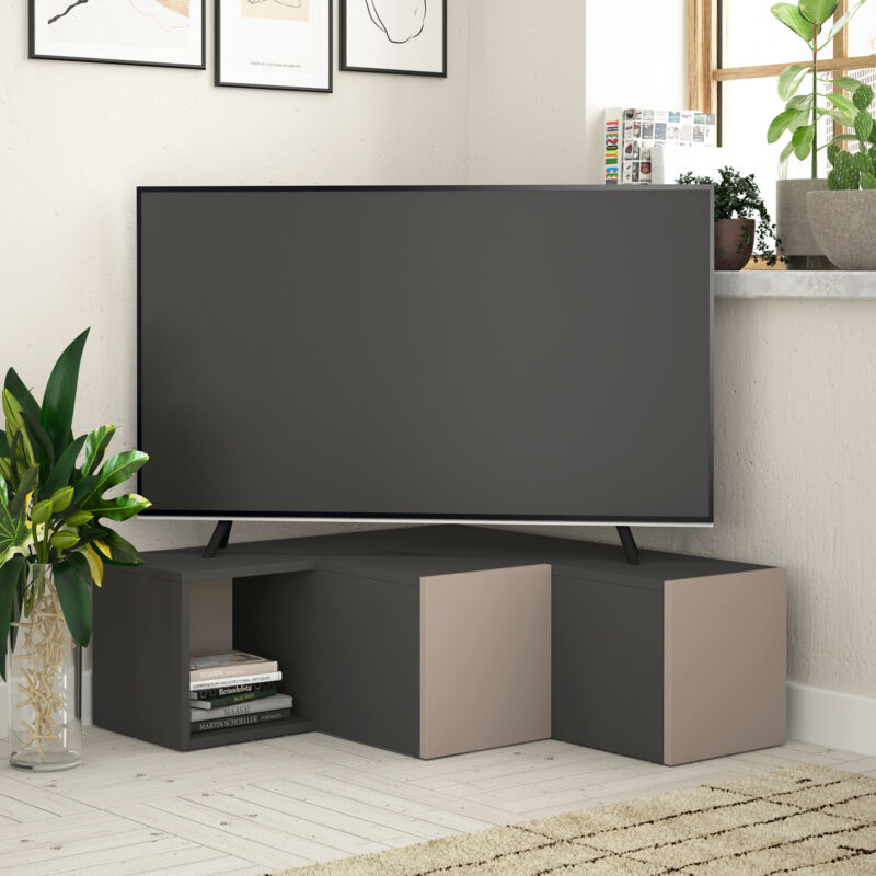Decortie meuble TV compact moderne avec rangement centre multimédia 94,2 cm anthracite gris moka style élégant et fonctionnel pour salon