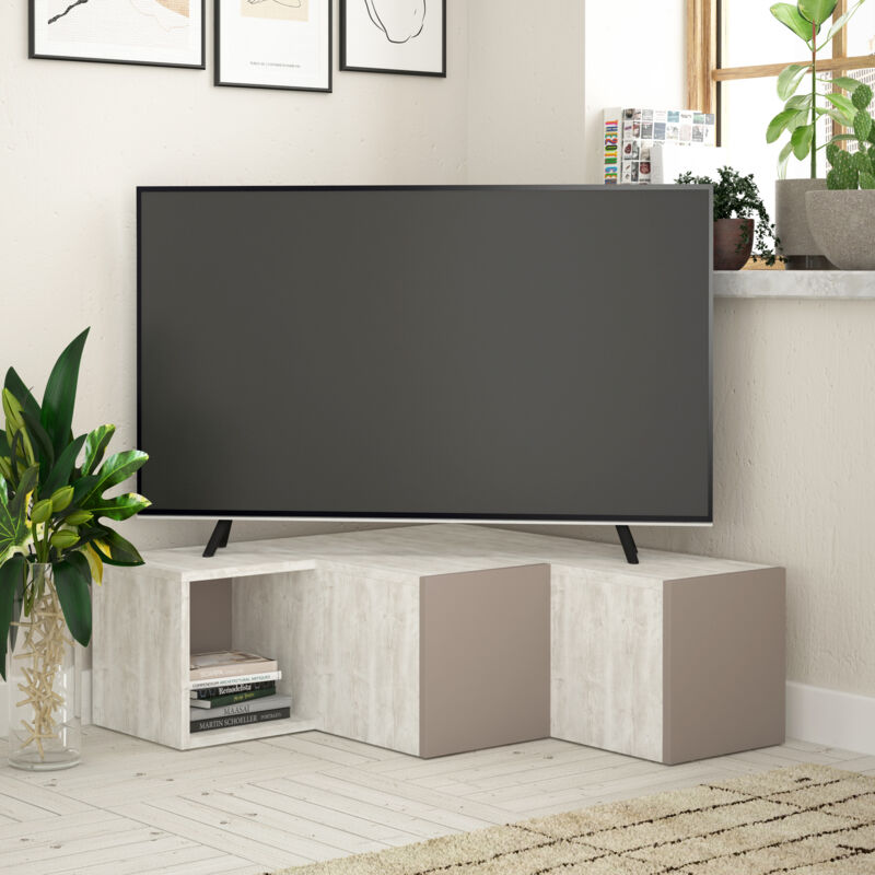 Decortie meuble TV compact moderne avec rangement centre multimédia 94,2 cm blanc ancien gris moka salon pratique et design contemporain