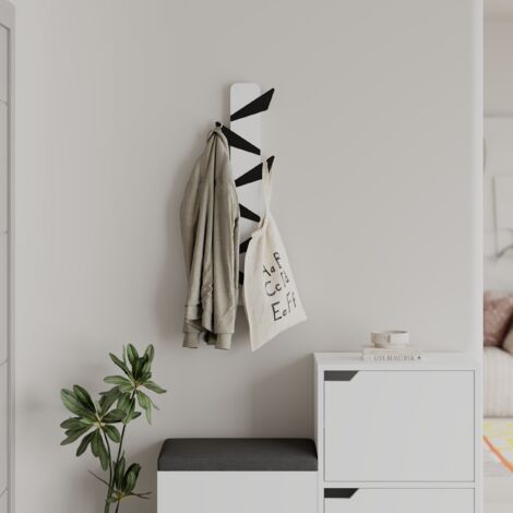 Decortie Modern Alesta Suspension murale en bois d'ingénierie avec 6 crochets métalliques de formes différentes 10(L)x75(H)x4.5(P)cm, blanc