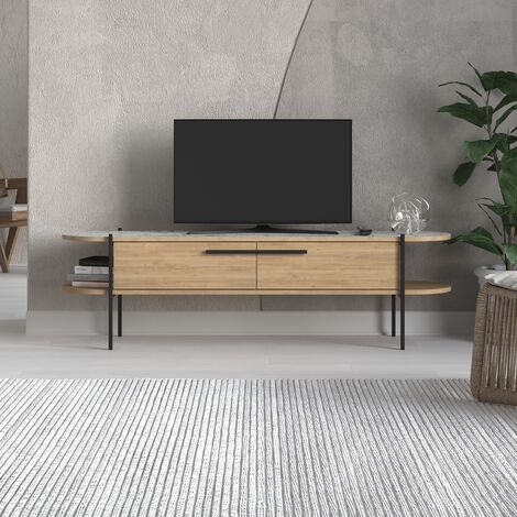 Decortie Otis Modern TV Stand Multimedia Centre TV Unit Metal Leg Storage 160cm - Oak / White Marble Effect