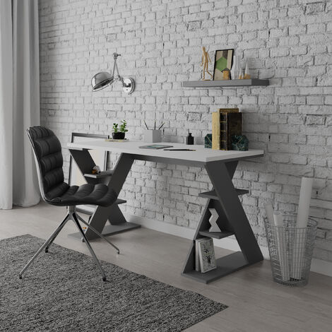 Decortie Papillon Moderner Schreibtisch mit Bücherregalbeinen Breite 137cm - Weiß / Anthrazit Grau