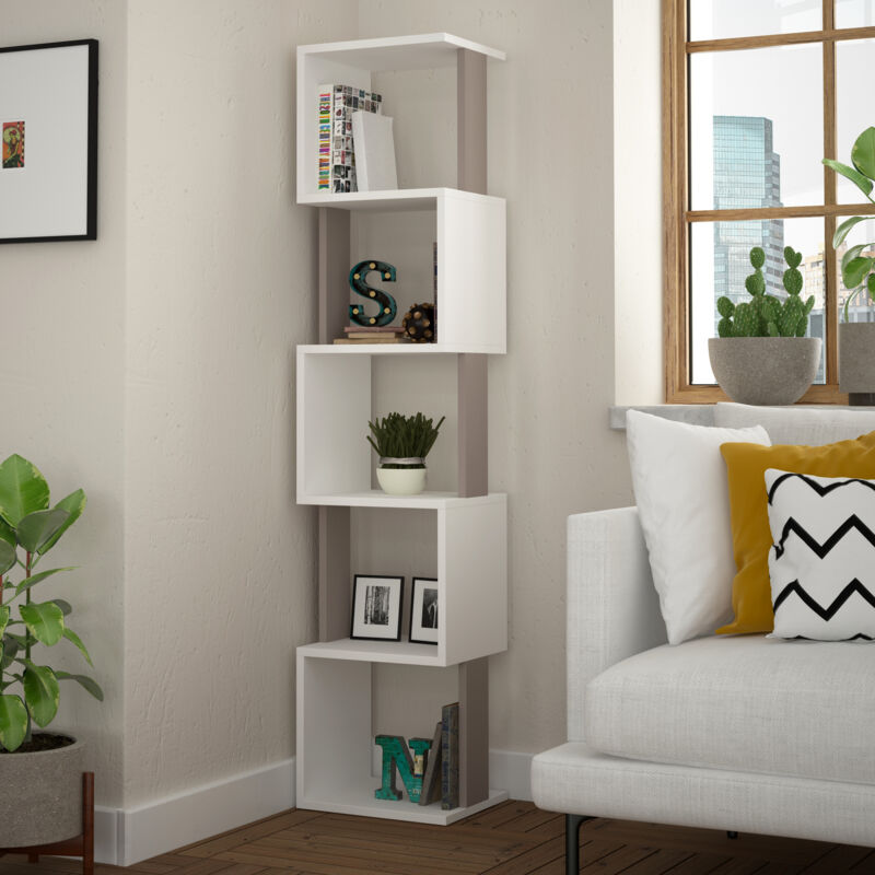 Decortie Piri Grande bibliothèque autoportante avec présentoir moderne à 5 niveaux Blanc Mocha Grey 161cm Decortie Piri Grande bibliothèque autoportante avec présentoir moderne à 5 niveaux Blanc Mocha Grey 161cm