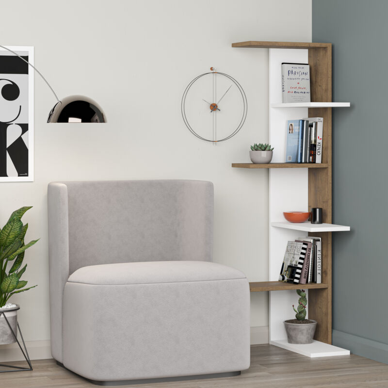 Decortie Saso Bibliothèque d'angle moderne Présentoir 5 étages autoportant blanc effet chêne foncé 141cm Decortie Saso Bibliothèque d'angle moderne Présentoir 5 étages autoportant blanc effet chêne foncé 141cm
