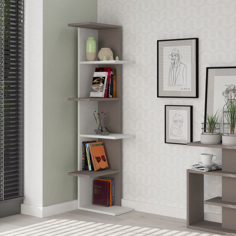 Decortie Saso Bibliothèque d'angle moderne Présentoir Blanc, Gris Mocha Medium 141(H)cm Decortie Saso Bibliothèque d'angle moderne Présentoir Blanc, Gris Mocha Medium 141(H)cm